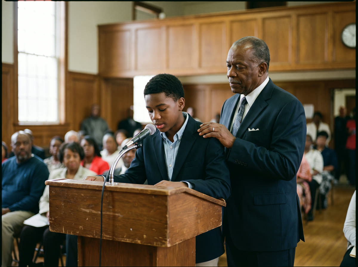 A mentor coaching a young speaker at a podium