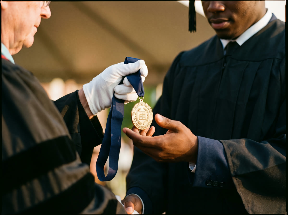 A graduate receiving a certificate handshake