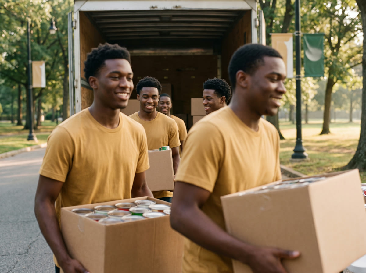 Young men loading food drive boxes